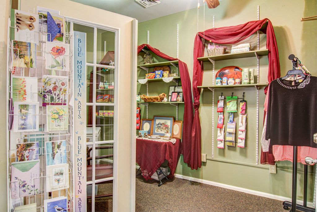 A cozy gift shop interior featuring shelves with various decorative items and greeting cards.