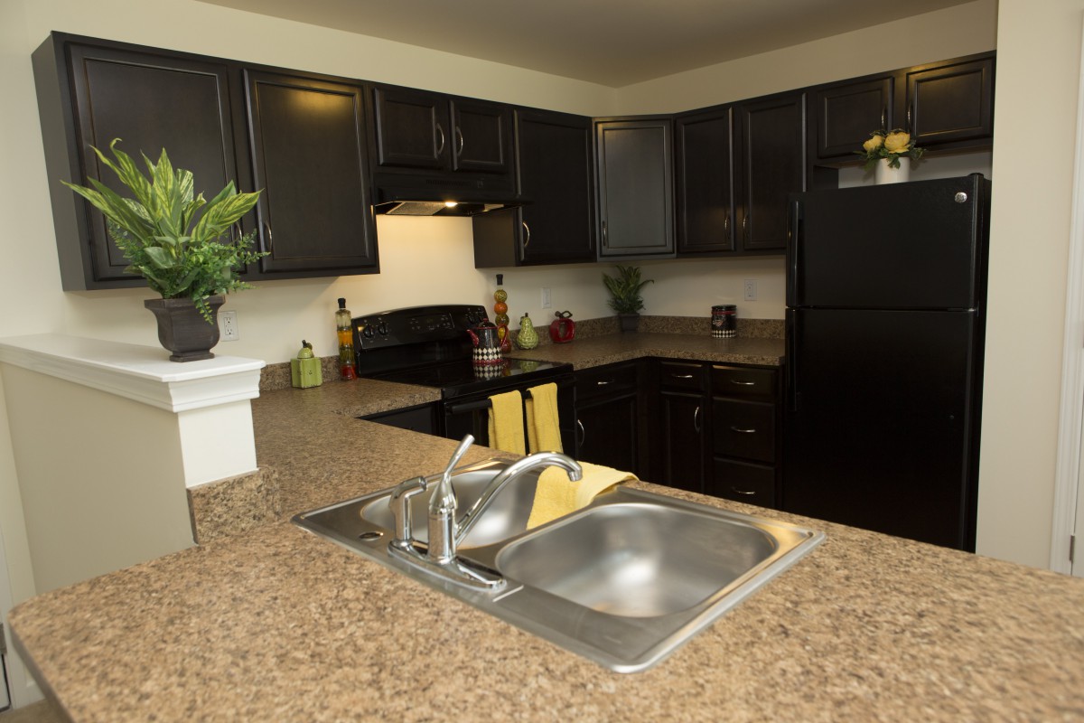 Modern kitchen with sleek countertops and dark cabinets.