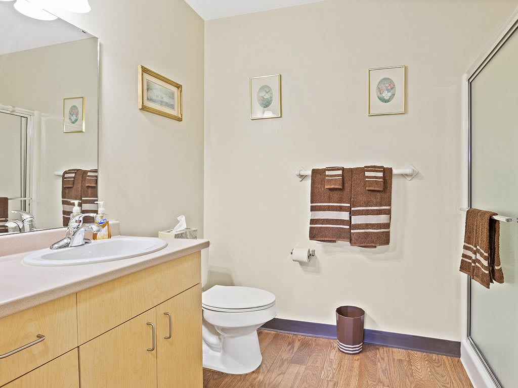 A clean and well-organized bathroom with a toilet, sink, mirror, and brown towels on the wall.