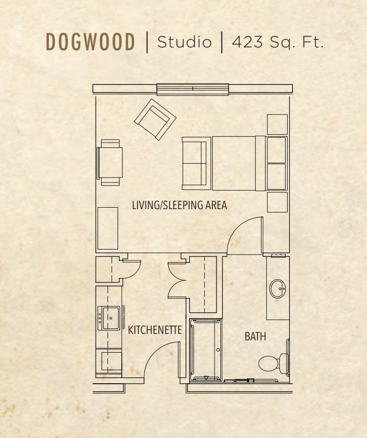 Floor plan of the Dogwood studio apartment, featuring a living/sleeping area and a bathroom in a 423 square foot space.