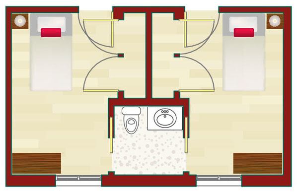 A floor plan showing two adjacent rooms with a shared bathroom in between.