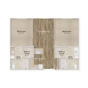 A floor plan showing the layout of an apartment with bedrooms and bathrooms.