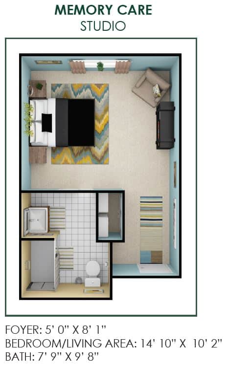 A detailed floor plan featuring a bedroom with a bed, desk, and wardrobe, along with an attached bathroom.