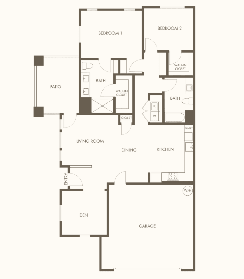 A detailed floor plan showing the layout of a residential space with multiple rooms and designated areas.