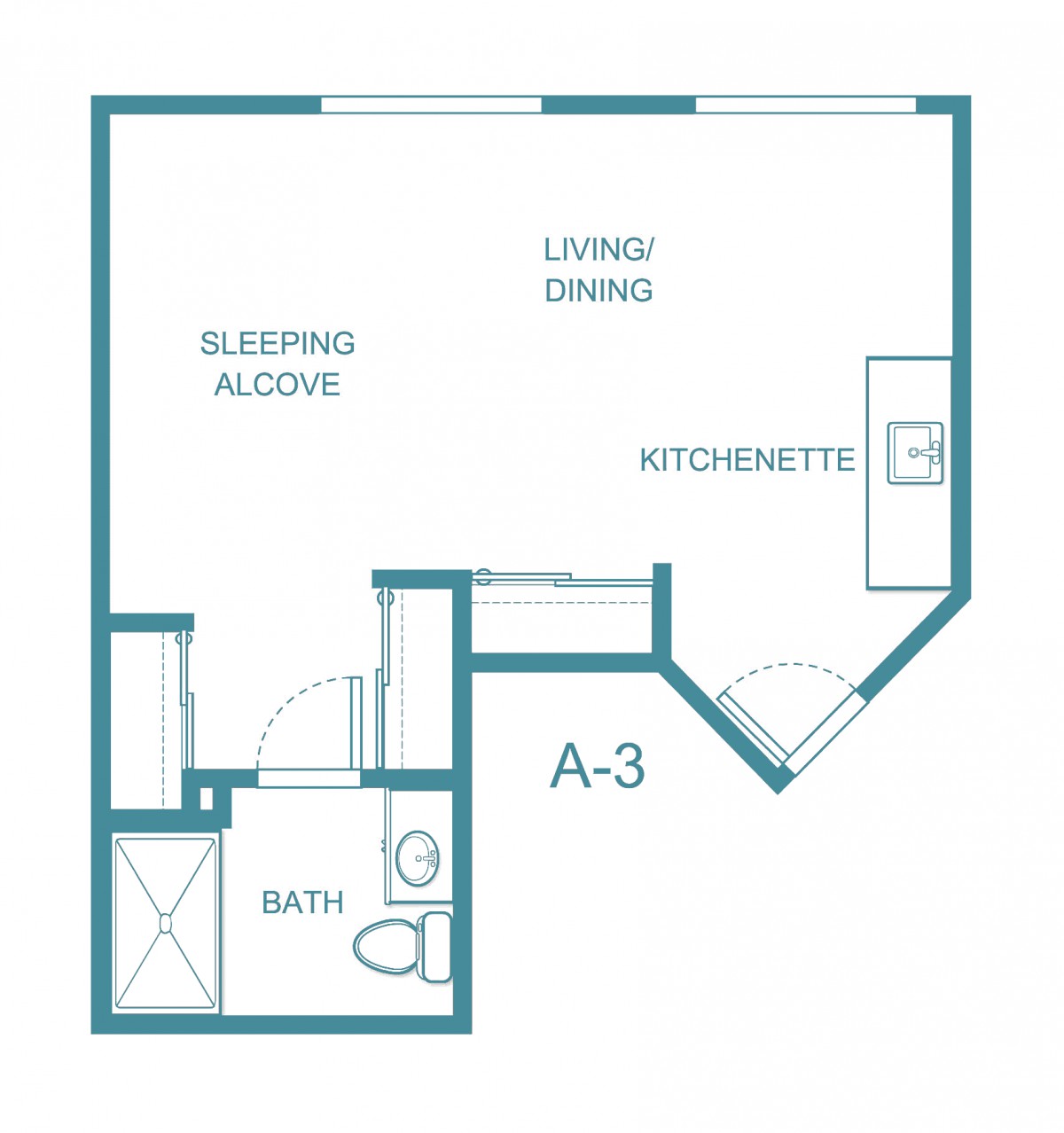 Studio apartment floor plan featuring a sleeping alcove, living/dining area, kitchenette, and bath.