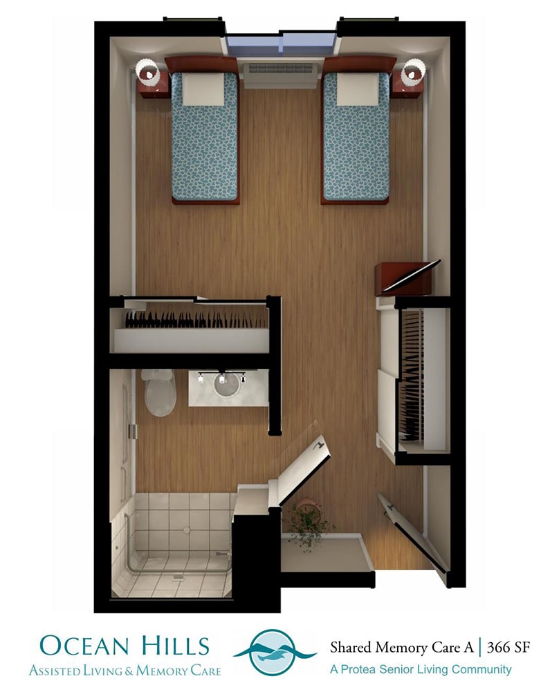 A floor plan showing a bedroom with two beds and an adjacent bathroom.