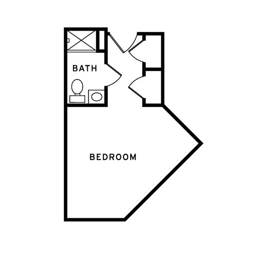 A simple floor plan featuring a bedroom and a bathroom.
