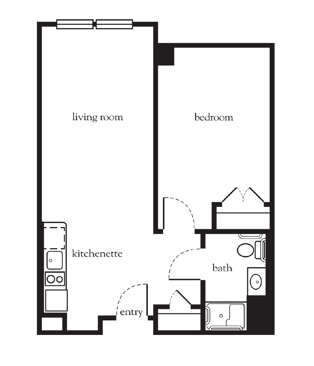 A floor plan of a 1-bedroom apartment with designated living room, kitchen, and bathroom areas.