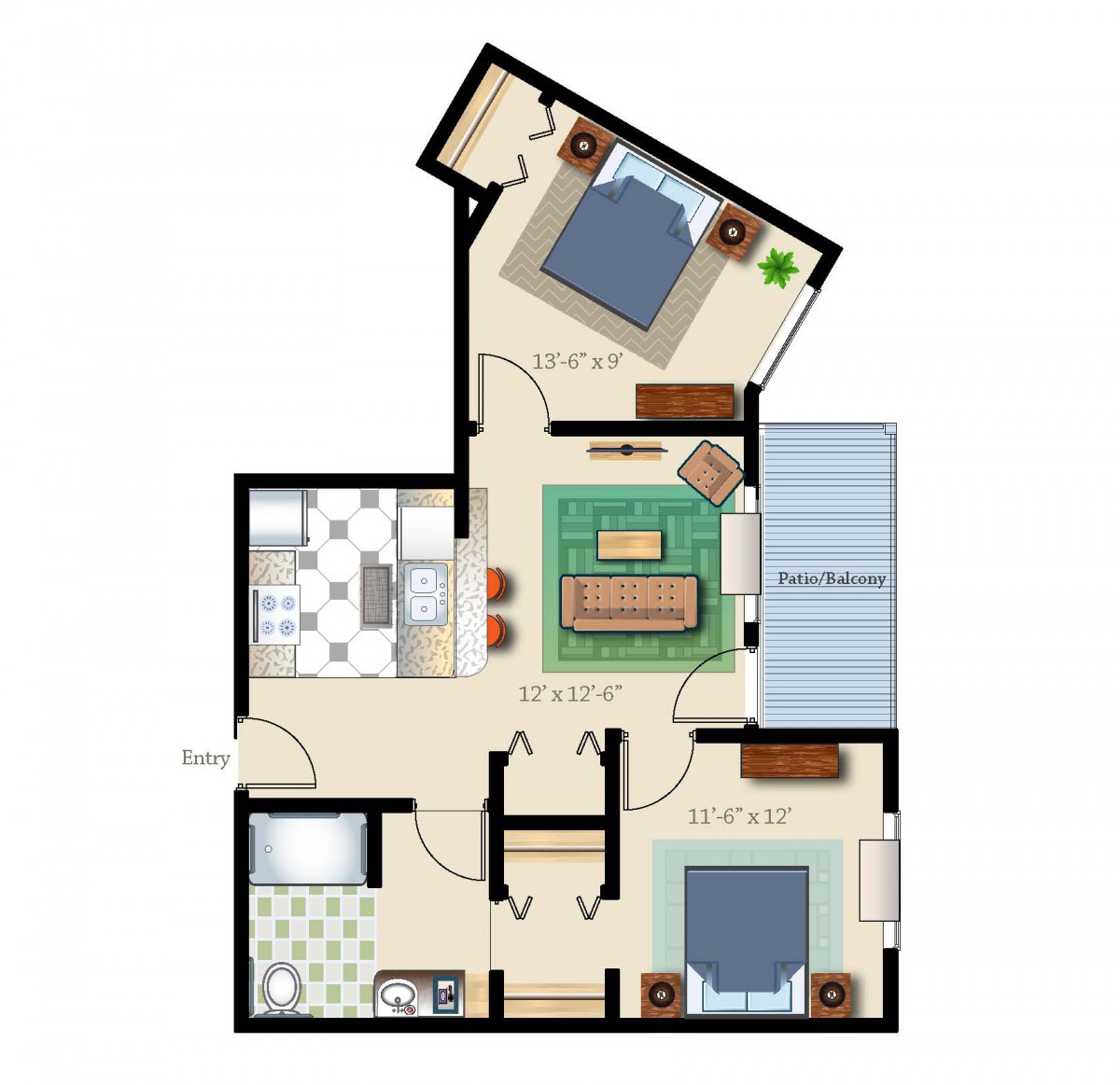 A floor plan of a two-bedroom apartment with living room, kitchen, and bathroom.