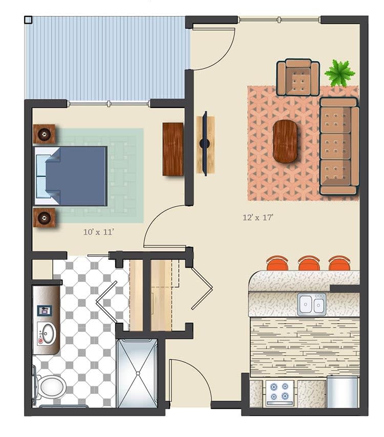 A detailed floor plan of an apartment showing a bedroom, living room, kitchen, and bathroom.