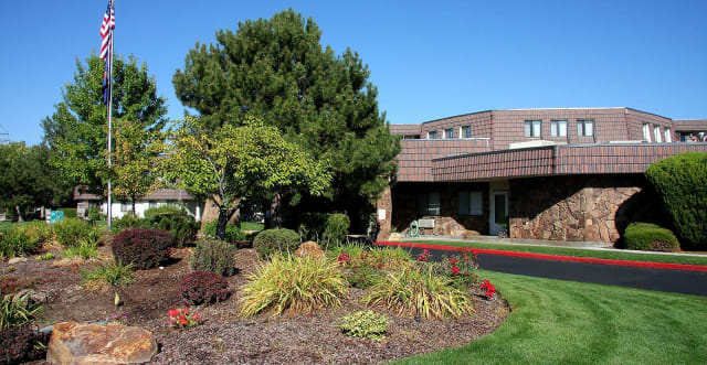 A landscaped garden area with trees and shrubs in front of a modern building under a clear blue sky.