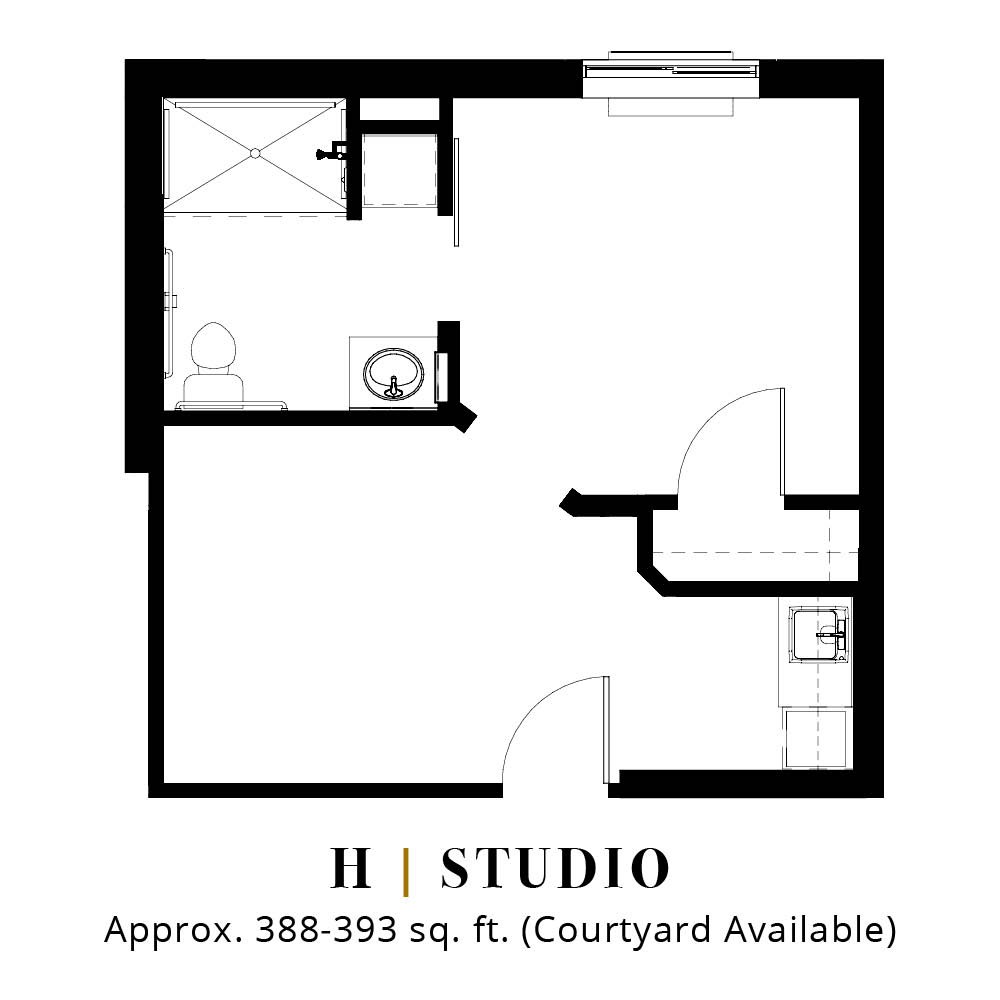Studio apartment floor plan with an approximate area of 388-393 square feet, including a bathroom and kitchen area.