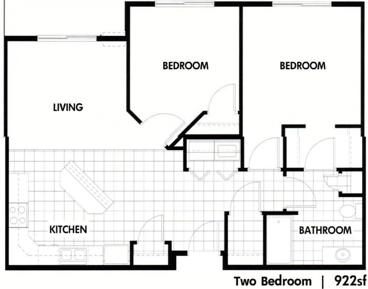 A floor plan of a two-bedroom apartment featuring a living room, kitchen, and bathroom.