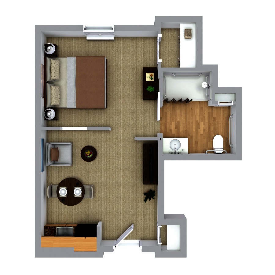A floor plan layout of a one-bedroom apartment.