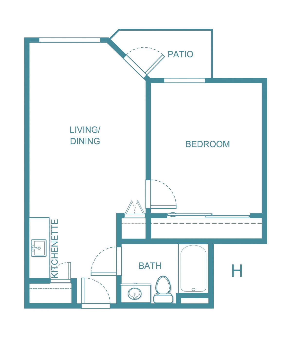 A simple floor plan of a one-bedroom apartment featuring a living/dining area, kitchenette, bathroom, bedroom, and patio.