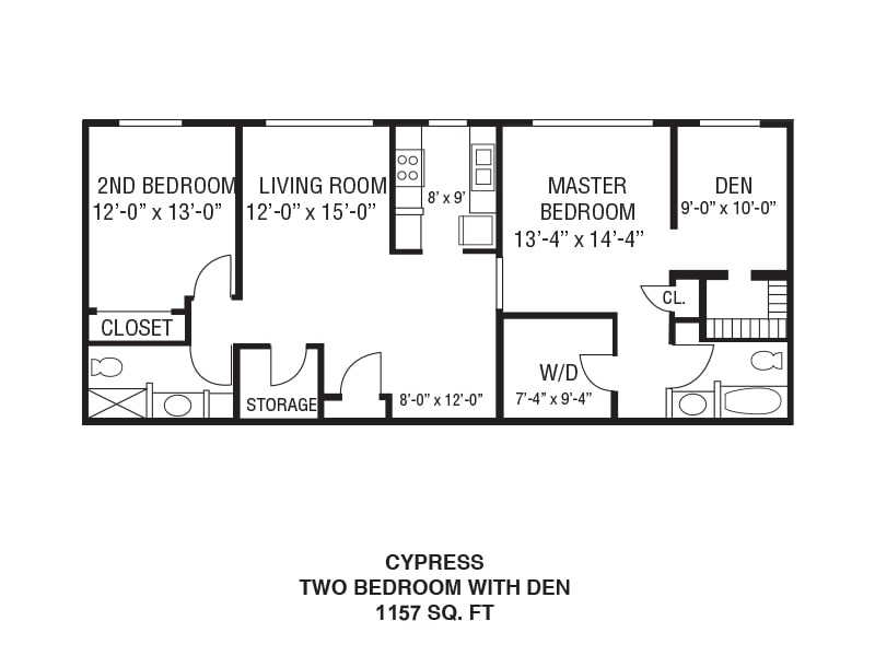Floor plan of a two-bedroom apartment with a den.