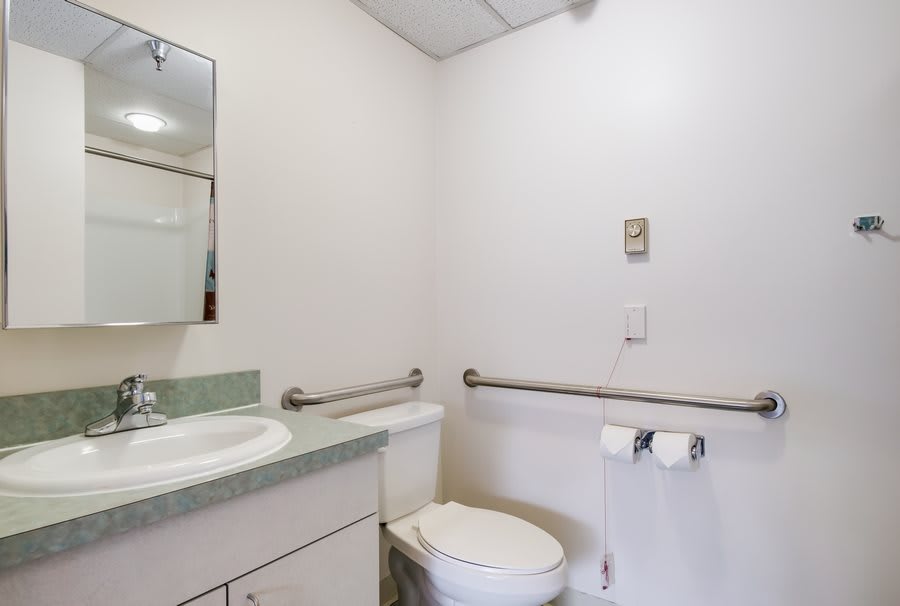 A clean and accessible bathroom with handrails and essential fixtures.