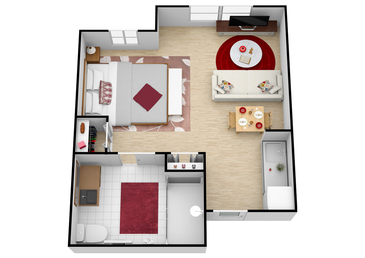 A 3D floor plan of a one-bedroom apartment featuring a living room, kitchen, and bathroom.