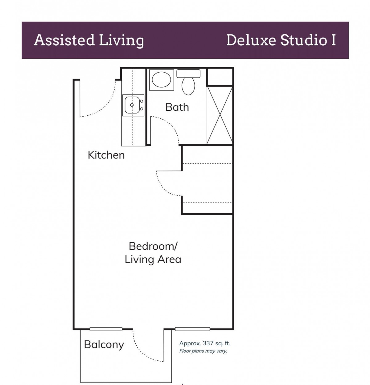A floor plan of a Deluxe Studio in an assisted living facility.