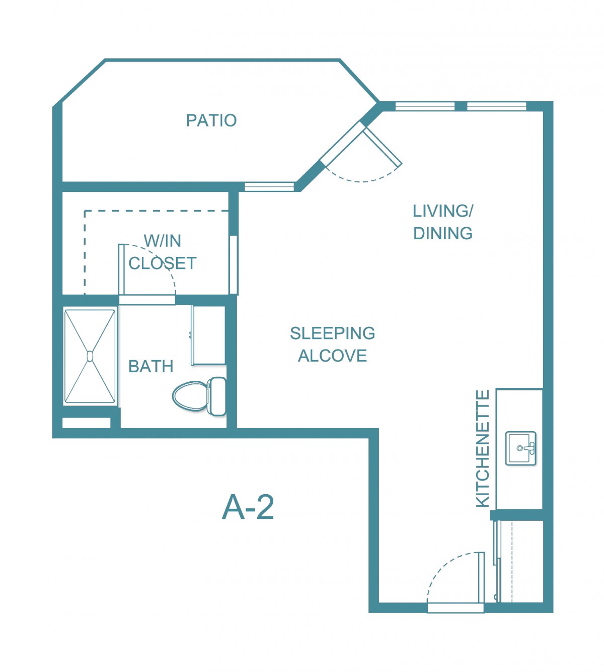 Studio apartment floor plan with living area, kitchenette, patio, bath, and walk-in closet.