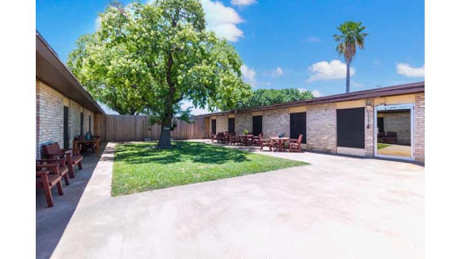 A sunny outdoor view of a home featuring a spacious garden, a large tree, and patio furniture.