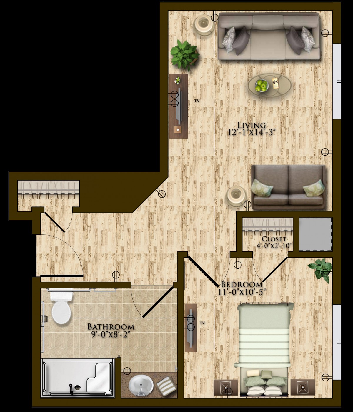 A floor plan of a one-bedroom apartment featuring a living room, kitchen, and bathroom.
