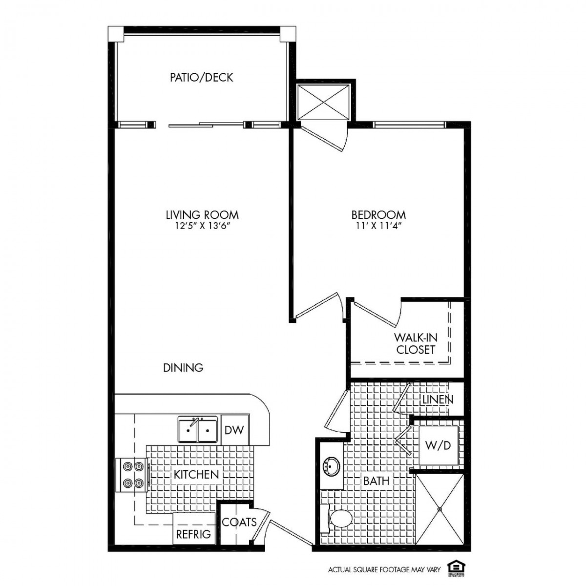 Architectural floor plan of a one-bedroom apartment with a balcony.