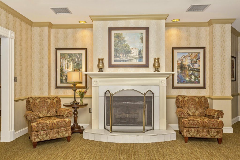 A cozy traditional living room with a fireplace and elegant decor.