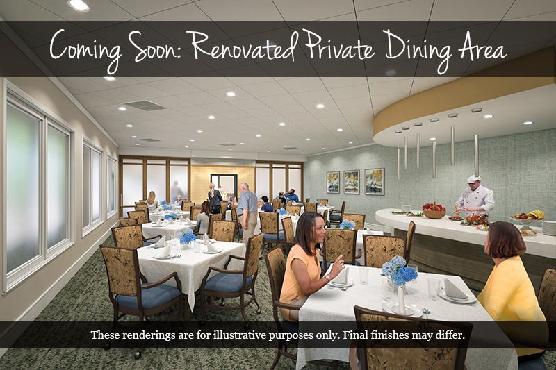 An illustration of a renovated private dining area with elegant seating and decor.