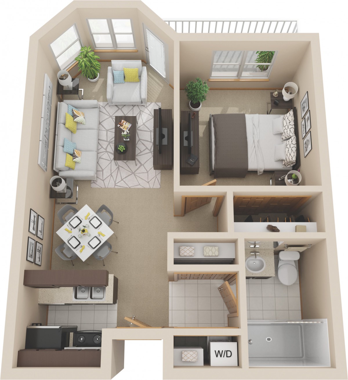 3D floor plan of a one-bedroom apartment with a living room, kitchen, dining area, and bathroom.