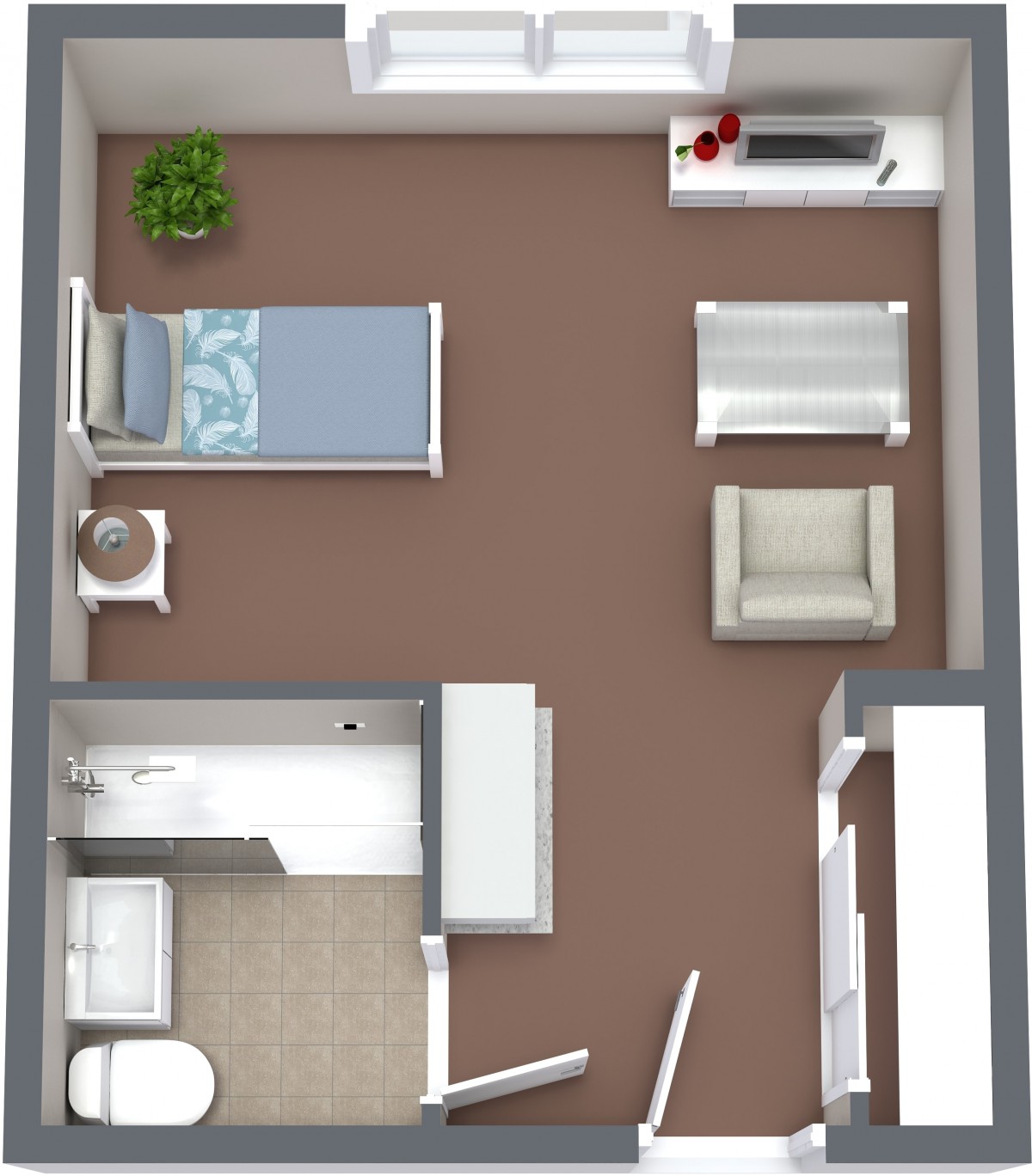 A 3D floor plan of a bedroom with furniture arrangement.