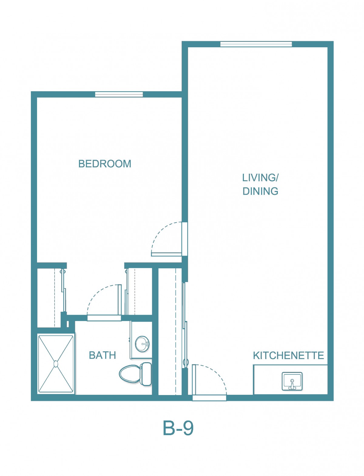 One-bedroom apartment floor plan featuring a living/dining area, kitchenette, bathroom, and bedroom.
