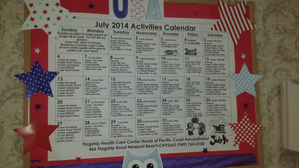 A July 2014 activities calendar detailing daily events and schedules.