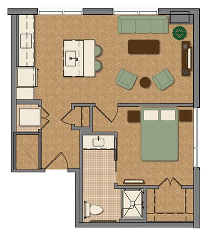 A floor plan of a one-bedroom apartment featuring a living area, kitchen, bedroom, and bathroom.