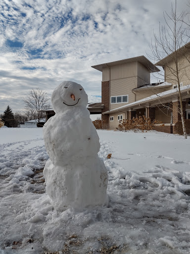 A cheerful snowman standing in a snowy yard, with a modern house and cloudy sky in the background.