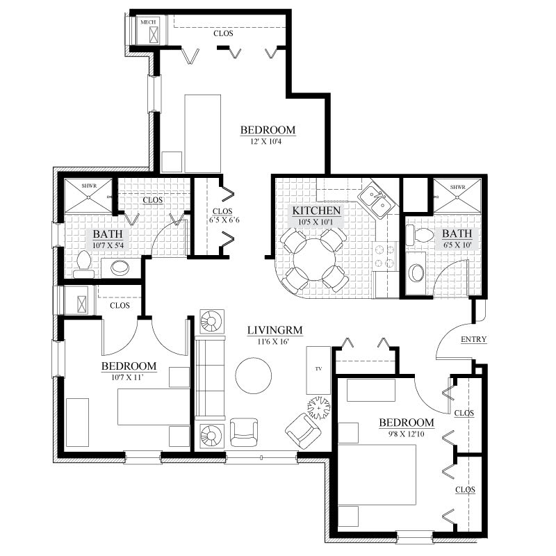 A detailed floor plan of an apartment showing the layout of rooms including living room, kitchen, bathrooms, and bedrooms.