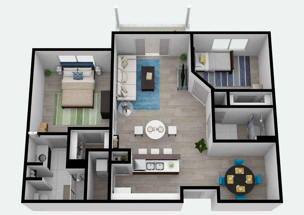 3D rendered floor plan of a modern apartment layout.