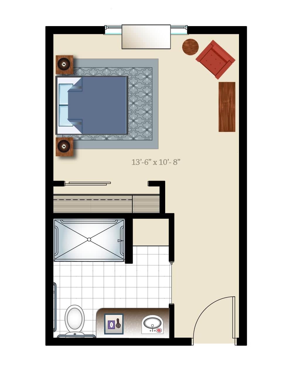 Studio apartment floor plan with a combined bedroom and living area, and an attached bathroom.