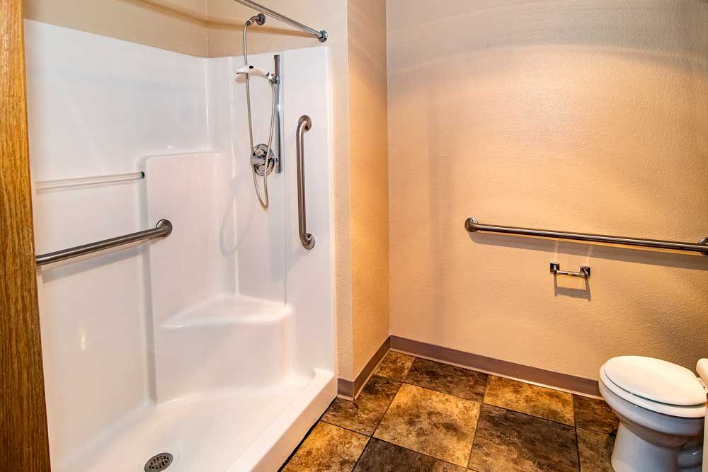 An accessible bathroom with a walk-in shower and safety grab bars.