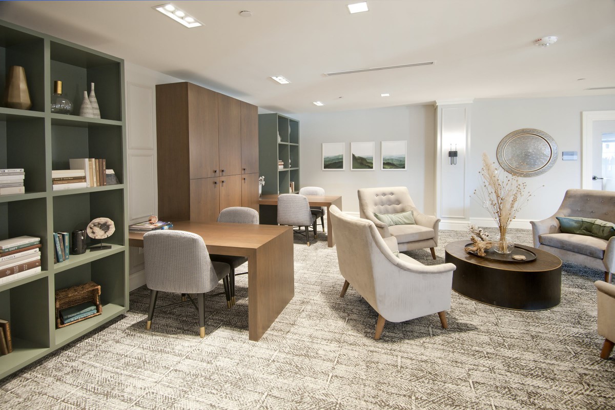 A modern office space with elegant furniture and neutral decor.