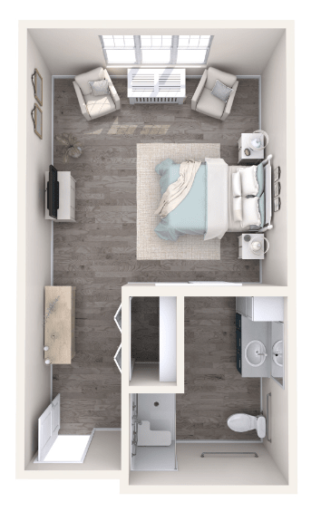 A 3D floor plan of a modern bedroom with furniture arrangement.