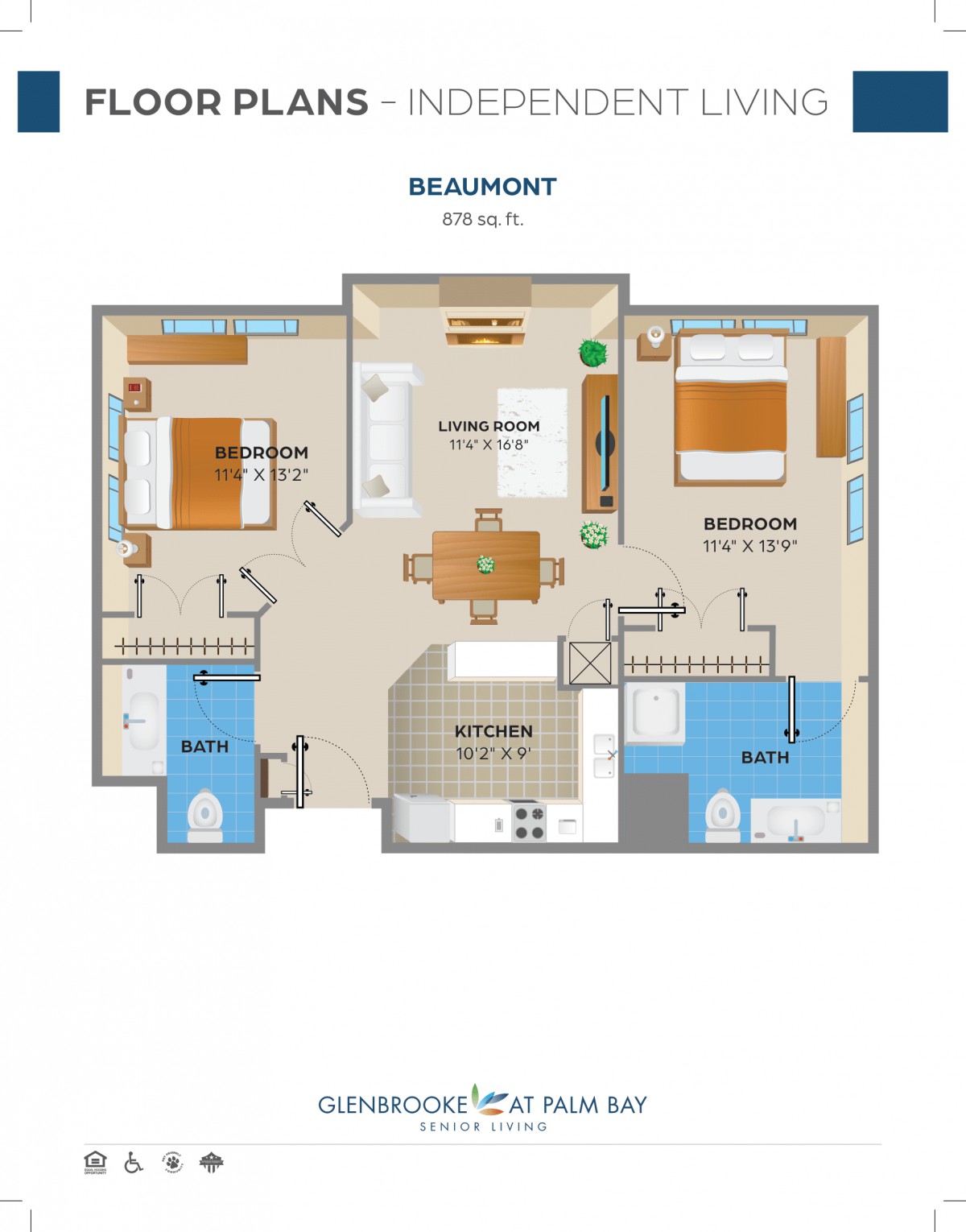 A floor plan of a two-bedroom apartment with labeled rooms including a living area, kitchen, and bathrooms.