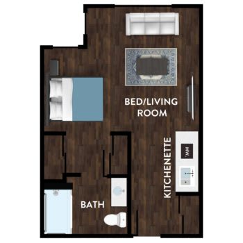 Studio apartment floor plan showing a combined bed/living room, kitchenette, and bathroom.