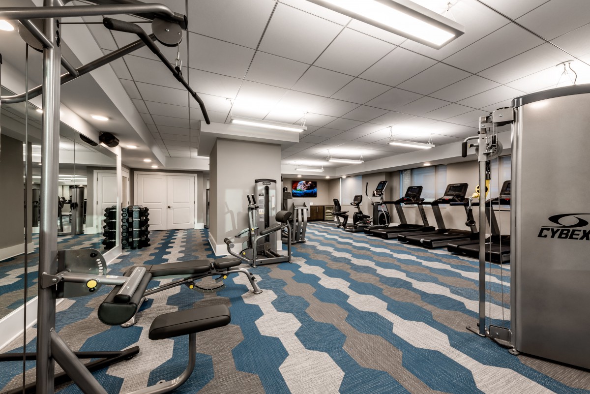 A well-equipped gym room with treadmills, weights, and various workout machines.