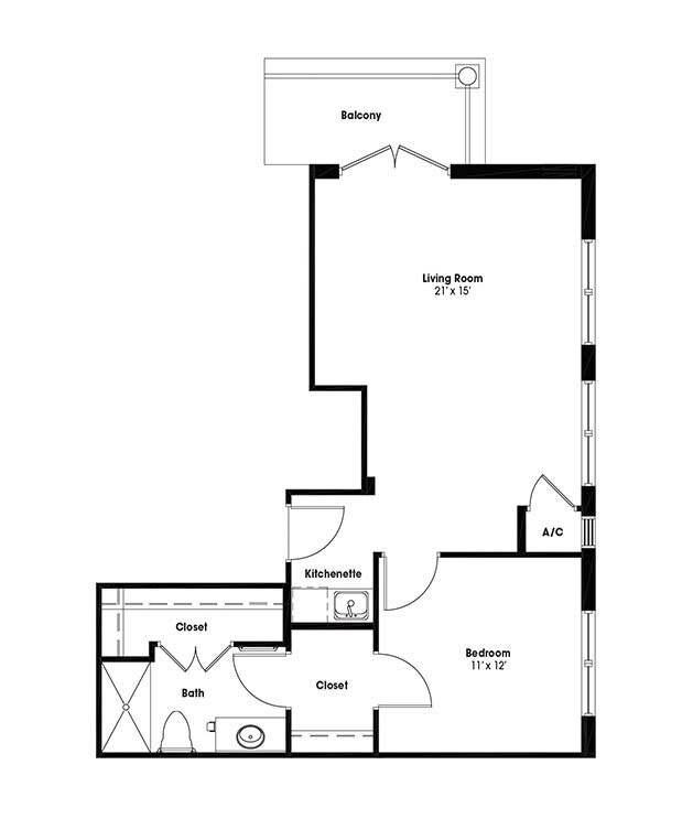 A floor plan depicting the layout of an apartment with designated areas for living room, bedroom, kitchen, and bathroom.
