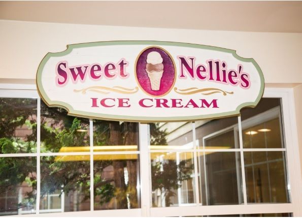 A storefront sign for Sweet Nellie's Ice Cream shop.