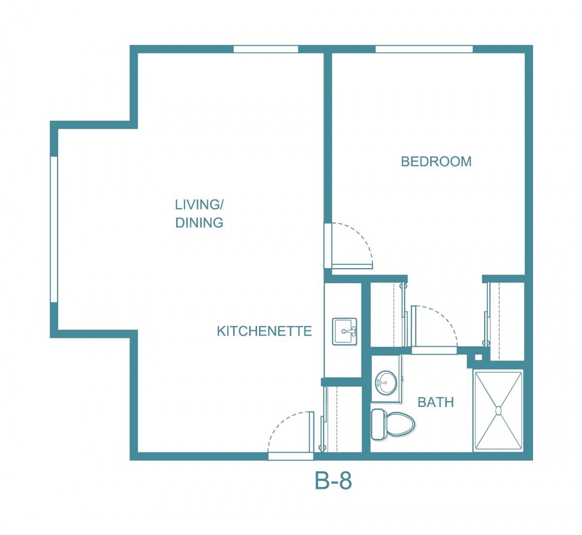 A simple floor plan of a one-bedroom apartment with a combined living and dining area, kitchenette, and bathroom.