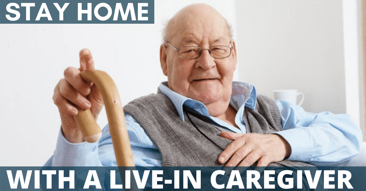 An elderly man sitting comfortably with a walking stick, representing live-in care support.