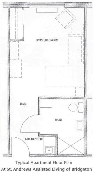 This is a floor plan of an apartment showing the layout of the living room and bathroom.