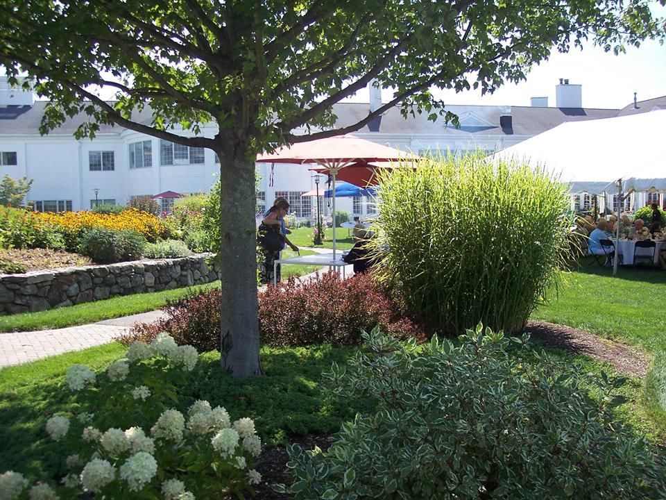 A serene garden with lush greenery, colorful flowers, and a shaded seating area under an umbrella.